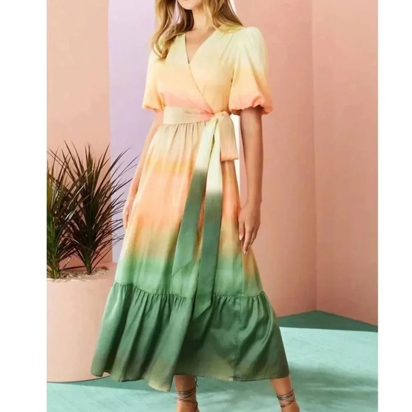 Marie Oliver Rena Wrap Dress in Sunrise Ombré Green Yellow Orange Size Large - Picture 1 of 11